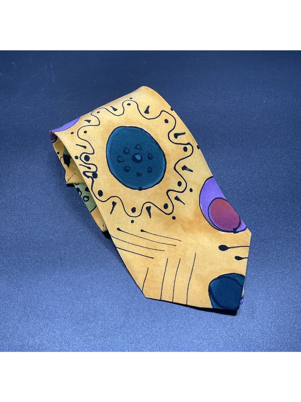 VTG Marienbad Hand Painted Abstract Art Necktie Yellow Purple Memphis Style 3.75